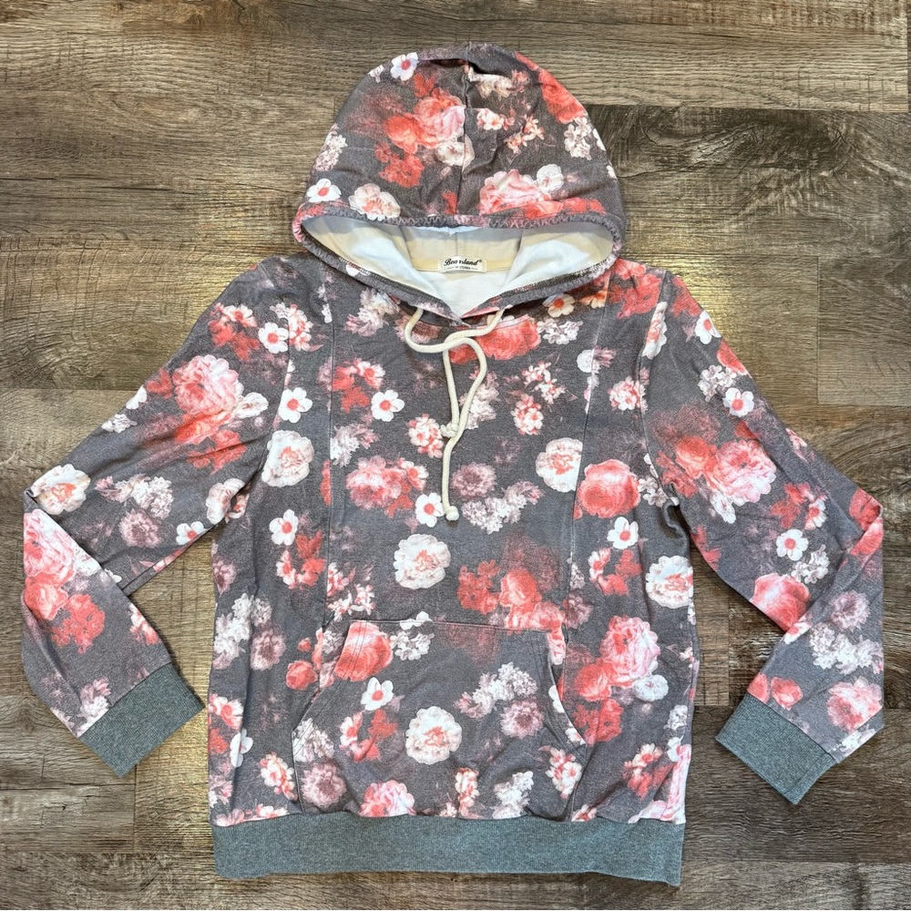 Women’s Nursing Hoodie Zip Sides with All Over Floral Pattern Gray Pink Medium